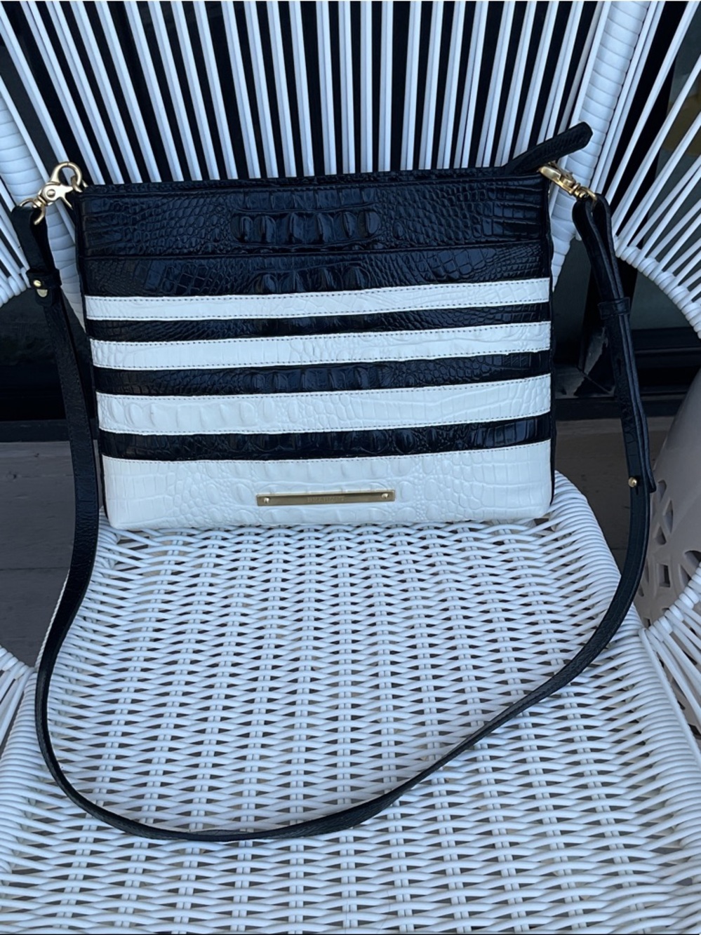 Brahmin Striped Black & White Croc-Embossed Shoulder / Crossbody Bag - Picture 8 of 8